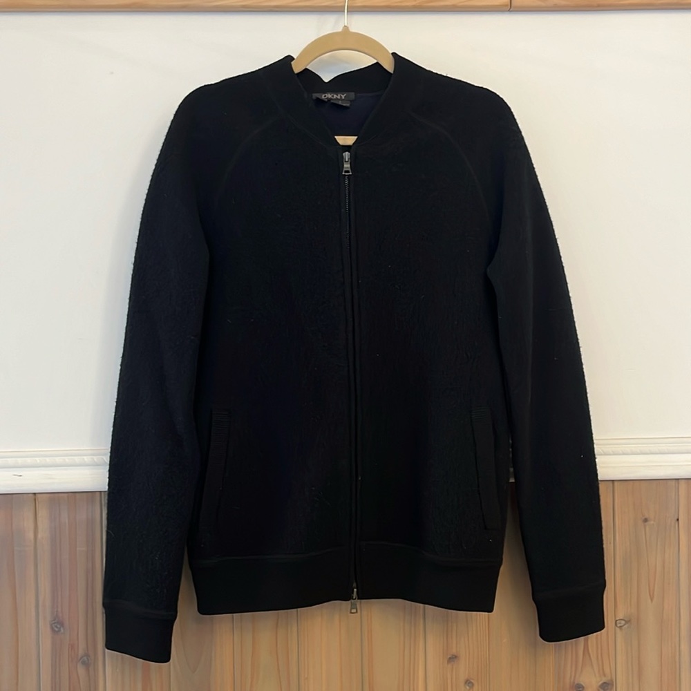 DKNY oversized wool bomber sweater jacket size S navy